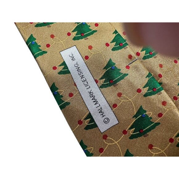 Holiday Traditions Christmas Tree Pattern Silk Tie Gold & Green By Hallmark Lice - Picture 5 of 8